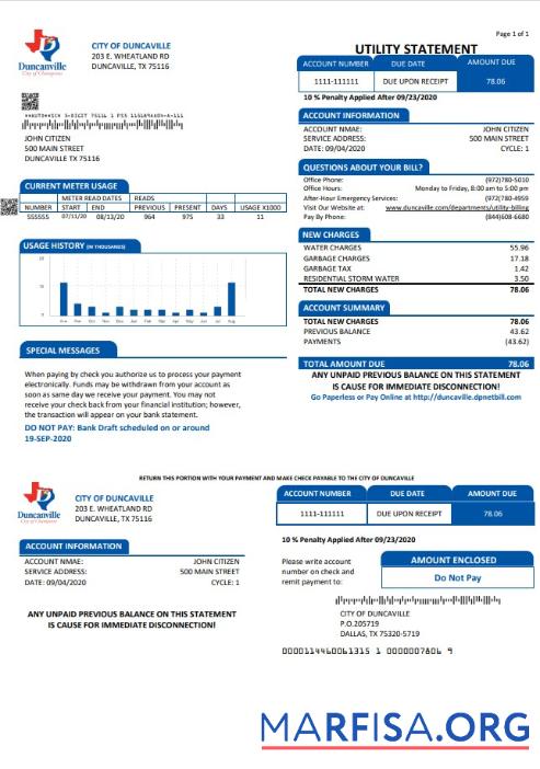Downloadable USA Texas City of Duncanville water, sewer, garbage utility bill template in Word and PDF format
